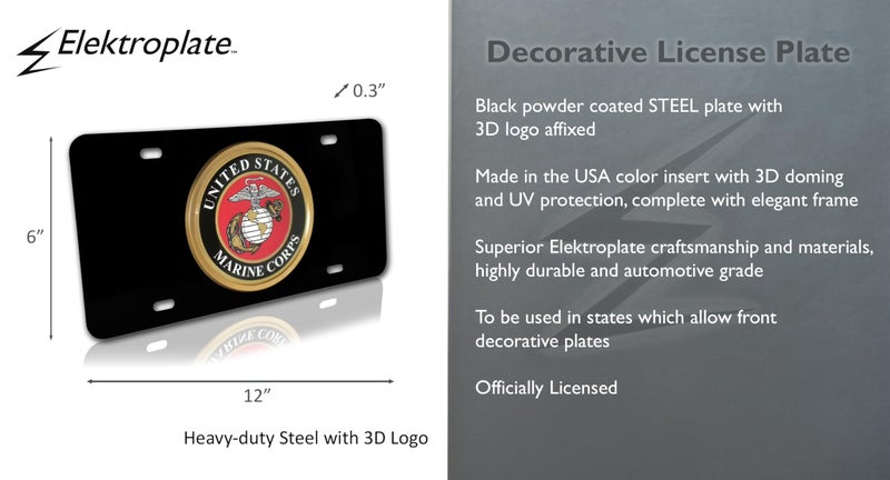 Elektroplate Officially Licensed United States Marine Corps All-Metal Black Steel Decorative Front Plate with 3D Emblem | Weatherproof Automotive Accessory for Cars, SUVs, Trucks (12" x 6") - Image 3
